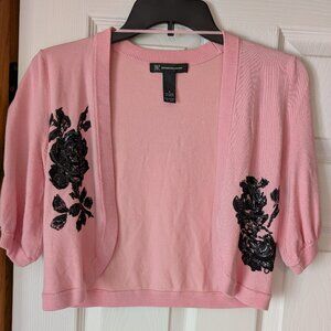 Macy's INC Pink Sweater Cardigan Shrug with Black Sequin Roses Women’s Small
